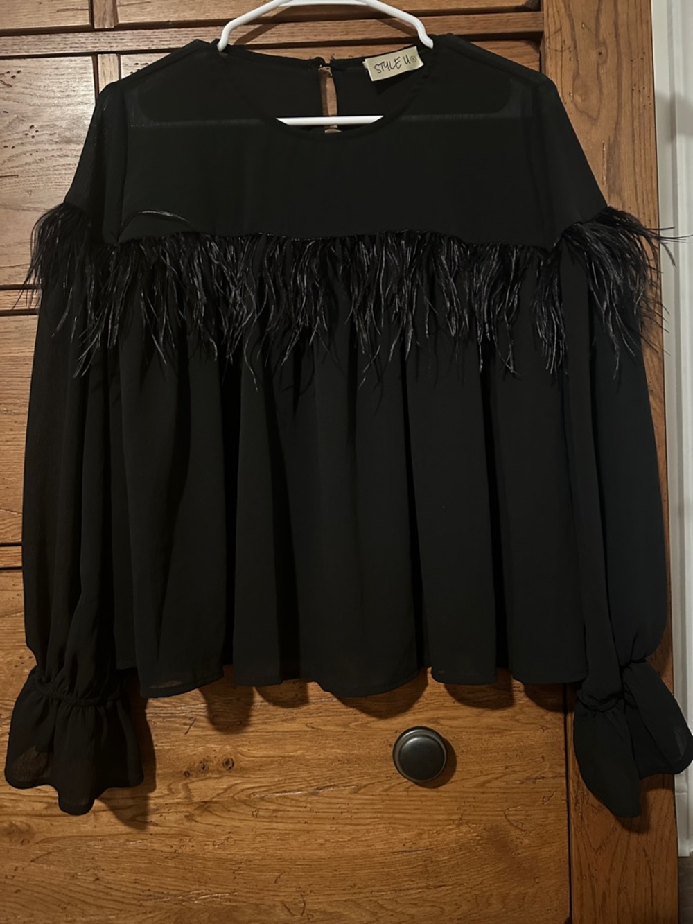 Black Feather-Trim Long-Sleeve Blouse - Women Tops